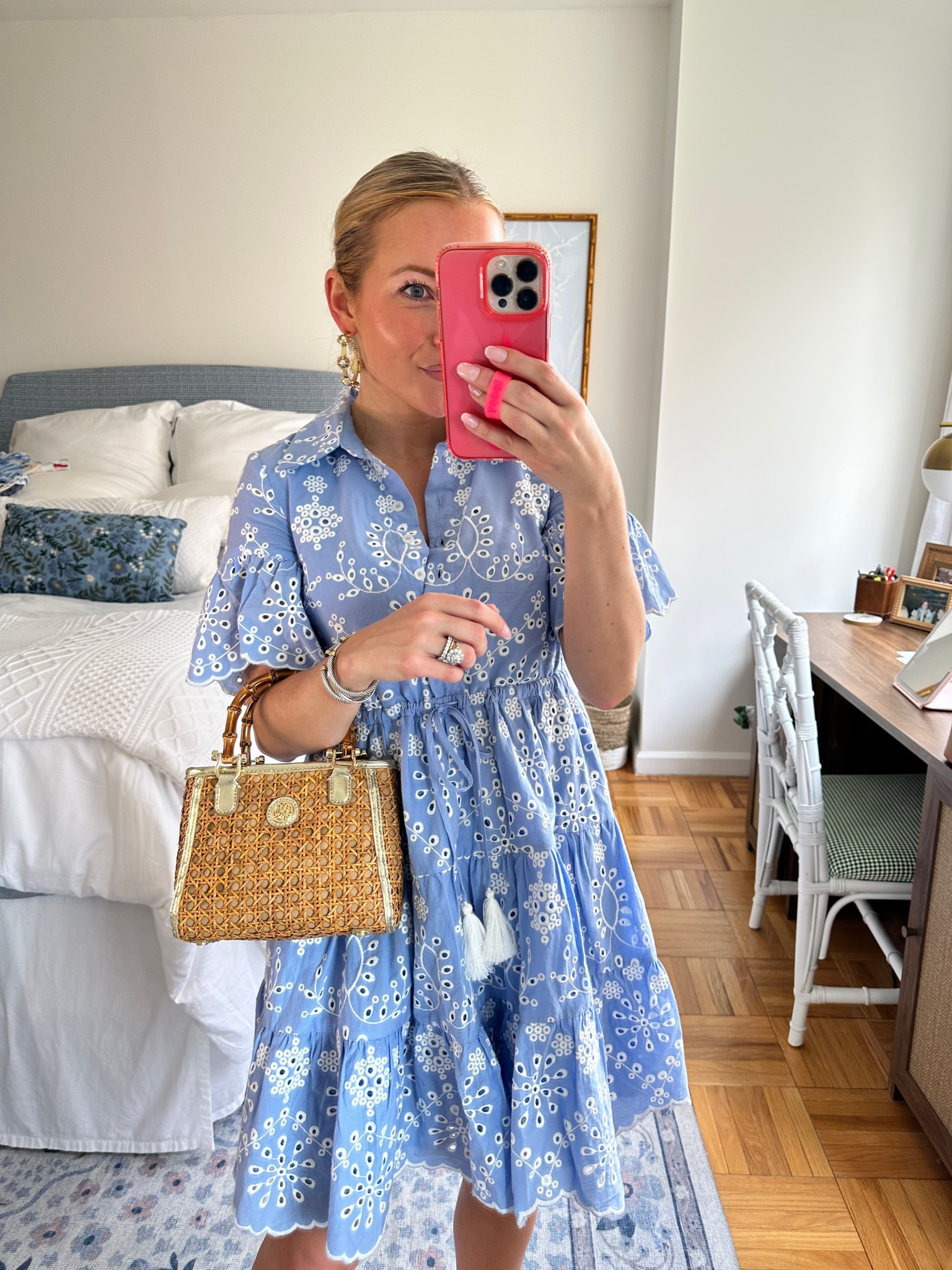 Classic outfit for summer! Periwinkle blue eyelet shirt dress from Sail to Sable, gold detailed cane bag, my favorite pearl and gold hoops, and pearl scalloped heels

#LTKstyletip #LTKfit #LTKitbag