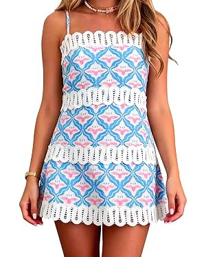 Women's Geometric Print Mini Dress Lace Trim Spaghetti Strap Dress Summer Casual Sundress for Bea... | Amazon (US)