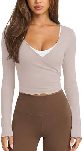 Womens Ballet Wrap Tops Cropped Long Sleeve Self Tie Front Shirt Y2K Workout Yoga Pilates Dance C... | Amazon (US)