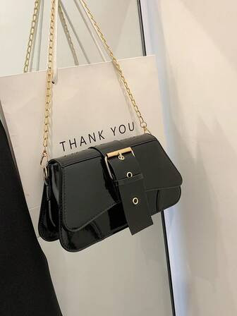Black Square Bag Fashionable Buckle Decor Flap Chain PU | SHEIN