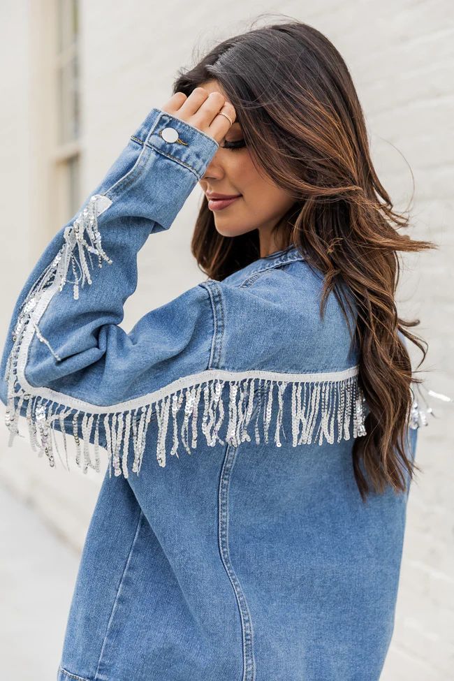 What I Have Medium Wash Sequin Fringe Denim Jacket | Pink Lily