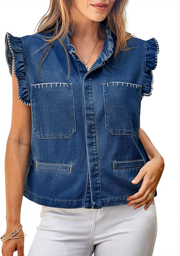 Tankaneo Womens Denim Vest Ruffle Sleeve Summer Causal Cropped Jean Vests Tops Sleeveless Jackets | Amazon (US)