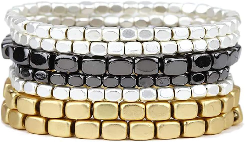 Rosemarie Collections Chunky Nugget Multi-Strand Bracelet Beads - Silver & Gold Bracelets Stack for Casual & Formal Wear - Stylish Gold Beaded Bracelets for Women (Set of 7) | Amazon (US)