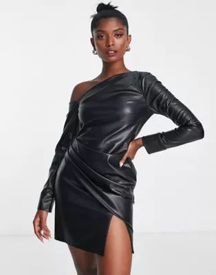 ASOS DESIGN off shoulder PU mini dress with pleat detail in black | ASOS (Global)