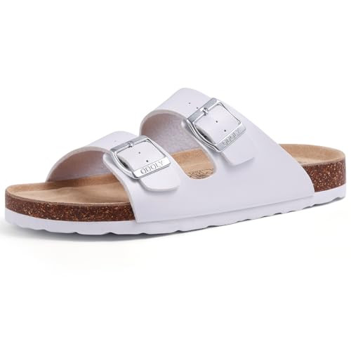 ODOLY Unisex Cork Footbed Slide Sandal, Arch Support Summer Outdoor Sandals with Adjustable Buckle for Women and Men, White 39 (8-8.5 Women/6.5-7 Men) | Amazon (US)