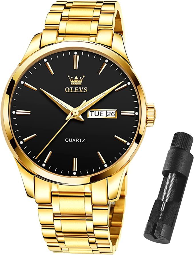 Amazon.com: OLEVS Gold Watches for Men Black Face Stainless Steel Day Date Watch Luxury Dress Men... | Amazon (US)
