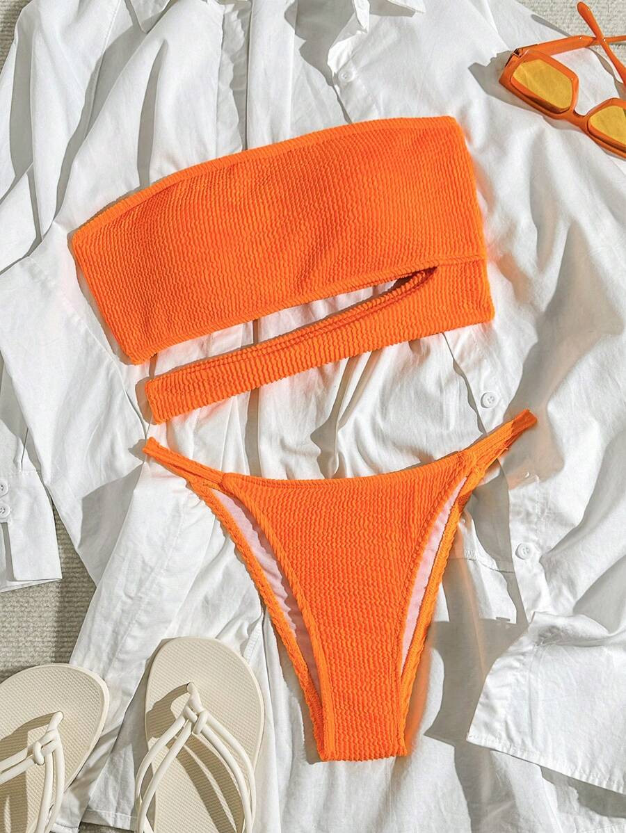 Women's Solid Color Textured Bandeau Hollow Out Sexy Bikini Set Summer | SHEIN