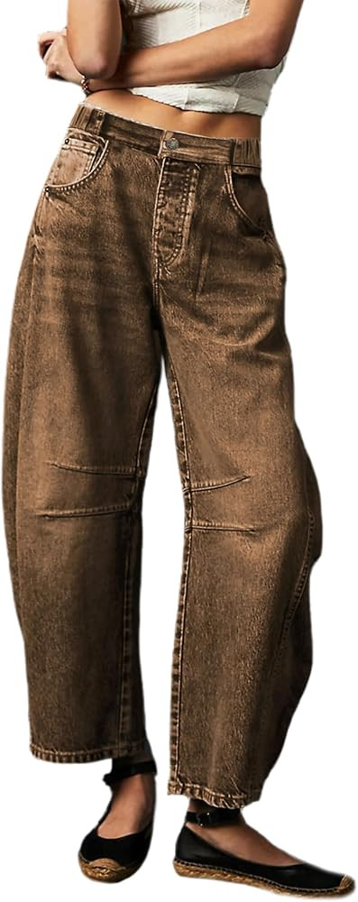 Casual Barrel Jeans for Women Boyfriend Mid Rise Wide Leg Cropped Denim Pants with Pockets | Amazon (US)