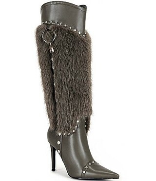 Azalea Wang Alisette Faux Fur Studded Pointed Toe Tall Dress Boots - 8.5 | Dillard's