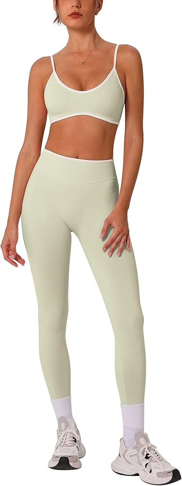 ABOCIW Womens 2 Piece Workout Sets Seamless Color Block Sports Bra Scrunch Butt Lifting High Wais... | Amazon (US)