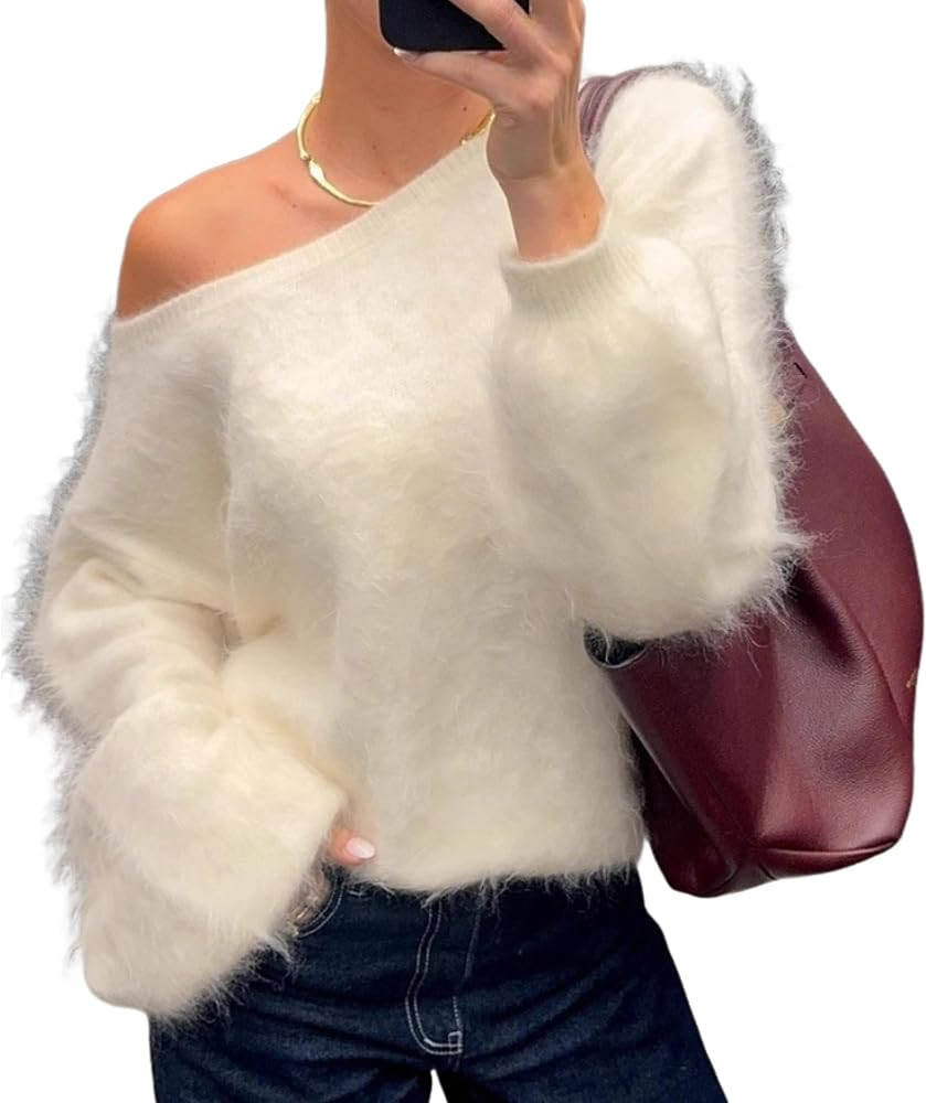 Y2k Off Shoulder Fuzzy Tops Women Coquette Vintage Sweater 2000s Fairy Grunge Knitted Top | Amazon (US)