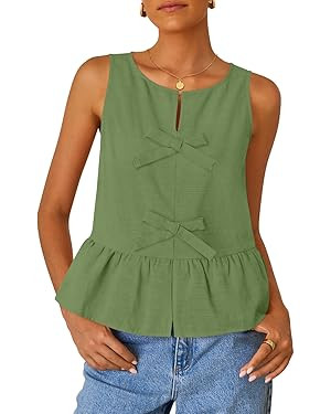 ZESICA Women's Summer Sleeveless Peplum Tank Tops 2026 Tie Front Crewneck Loose Flowy Ruffle Baby... | Amazon (US)