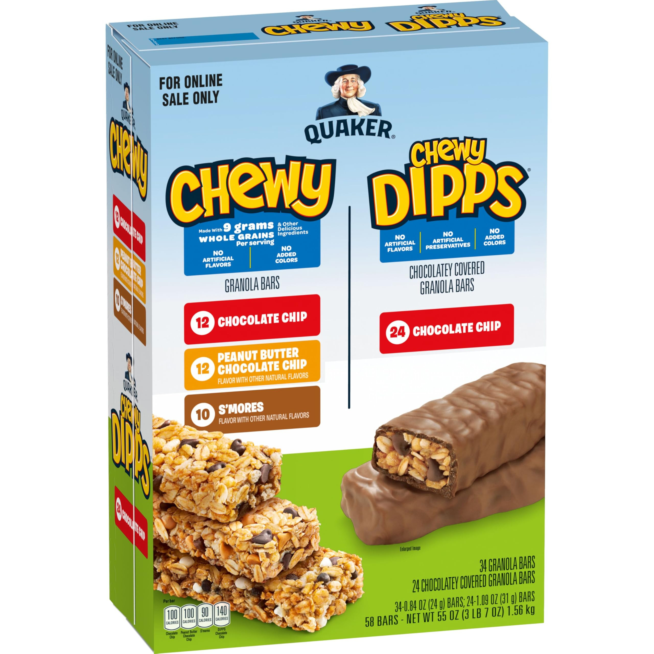 Quaker Chewy Granola Bars, Chewy & Dipps 4 Flavor Variety Pack, 58 Pack, Chocolate Chip, Peanut B... | Amazon (US)