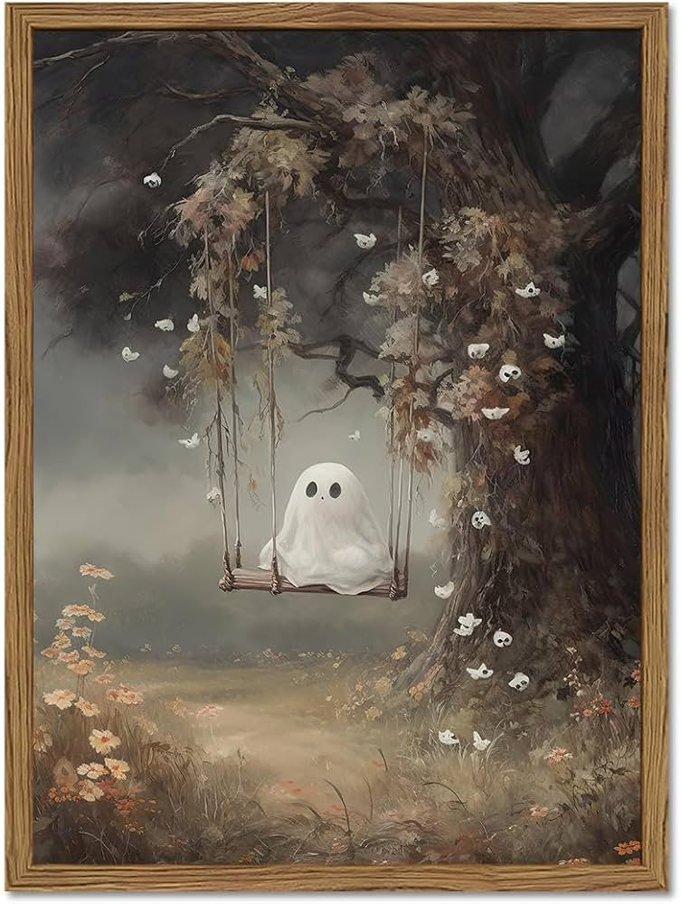 Cute Halloween Ghost Wall Art, Vintage Ghost on a Swing Wall Decor Painting Dark Academia Forest ... | Amazon (US)