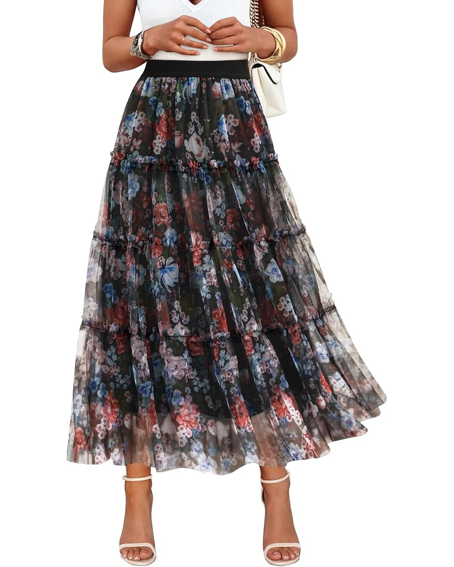 ZESICA Women's Tulle Maxi Skirt A-Line Flowy Ruffle Tiered Elastic High Waist 2025 Fall Fahion Mi... | Amazon (US)