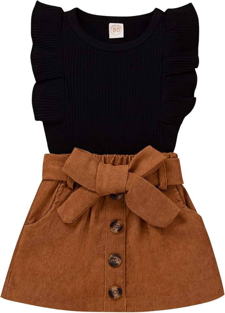 Toddler Infant Baby Girl Fashion Skirt Outfits Knitted T-Shirt Tops Button Mini Skirts Set 2Pcs Spri | Amazon (US)