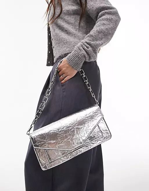 Topshop Sabrina chunky chain flap shoulder bag in silver | ASOS | ASOS (Global)