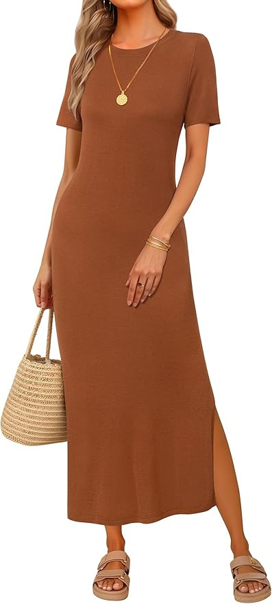 Arach&Cloz Women's Wool Blend Fall Business Casual T Shirts Maxi Dress | Amazon (US)