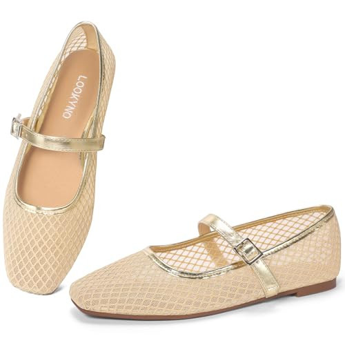 Women's Mesh Mary Jane Flats Square Toe Mesh Ballet Flats, Gold, US 11 | Amazon (US)