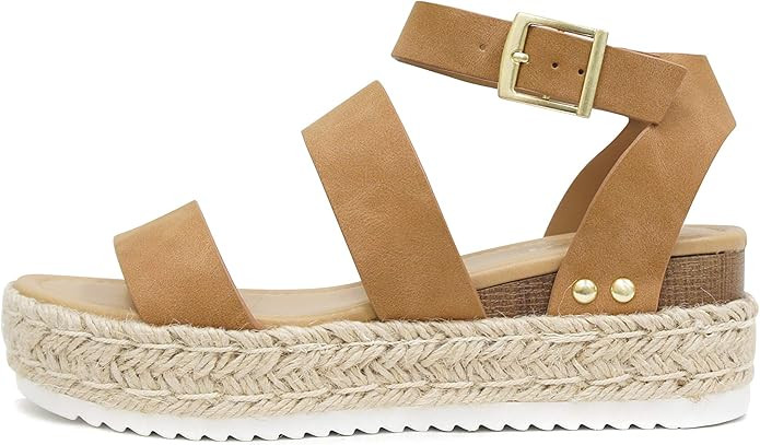 Soda Top Shoe Bryce Open Toe Buckle Ankle Strap Espadrilles Flatform Wedge Casual Sandal | Amazon (US)
