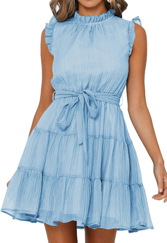 Dokotoo Womens Summer Dresses 2023 Sleeveless Ruffle Waist Tie Casual Tiered Mini Swing Dress | Amazon (US)
