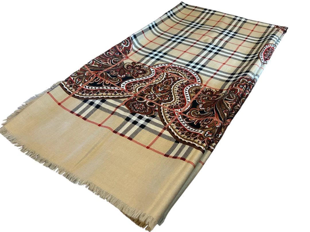 Burberry Paisley Check Scarf Beige 135cm Square Shawl Wrap | eBay US