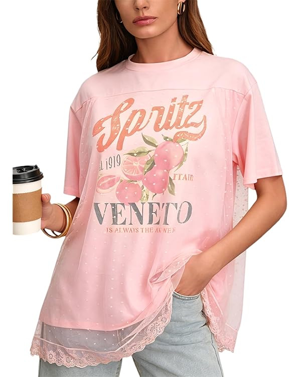 CSDAJIO Trendy Crew Neck Oversized T Shirts for Women Short Sleeve Loose Graphic Tee Summer Lace ... | Amazon (US)