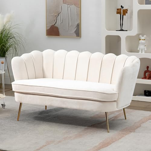 DWOYFO 59” Small Modern Chenille Loveseat Sofa, 2-Seater Sofa with Gold Metal Legs, Small Couch with Flower Shaped Back for Living Room Bedroom Office (Beige & Chenille) | Amazon (US)