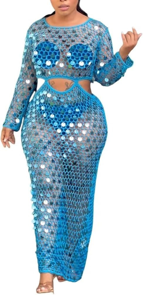 Kafiloe Women Sexy Long Sleeve Sequin Crochet Maxi Dress Beach Cover Ups Hollow Out Swimwear Biki... | Amazon (US)