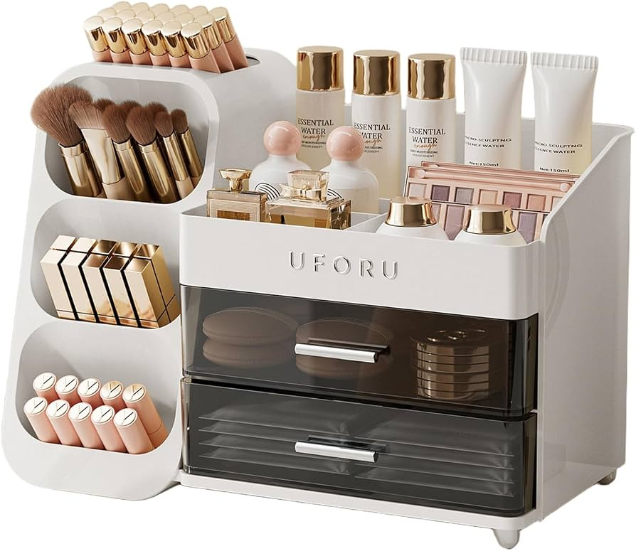 UFORU Makeup Organizer for Vanity with Brush Holder, Countertop Skincare Organizer with 2 Drawers... | Amazon (US)