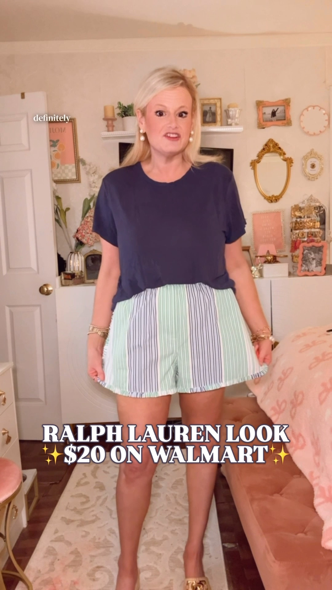 Ralph Lauren look for less | Walmart shorts | cotton poplin shorts | striped shorts | preppy summer outfit

These $20 Walmart striped shorts give instant Ralph Lauren summer energy, and they are exactly the kind of shorts that make a tee look like an actual outfit.

The mixed green, blue, and white stripes, crisp 100% cotton poplin, pull-on elastic waist, ruffle trim, lightweight feel, and easy relaxed shape make them look far more polished than the price. They have that preppy lake weekend, beach town, resort casual look that works all summer.

I sized up for a little extra length. They do run a little big, so if you are between sizes, keep that in mind.

This is the pair you grab when denim shorts feel too basic but you still want something easy. Wear them with a navy tee, white tank, striped button down, popover shirt, swimsuit, sandals, sneakers, or a sweater over your shoulders. There is also a matching top if you want the full set moment.

They work for lake weekends, beach trips, vacation mornings, resort brunch, school pickup, errands, casual summer dinners, coffee runs, boat days, and hot-weather outfits. 

If you love Ralph Lauren style, Walmart fashion finds, preppy summer outfits, cotton shorts, striped shorts, vacation outfits, resort wear, pull-on shorts, and affordable classic style, these are an easy cart add.

Ralph Lauren look for less, Walmart shorts, Walmart fashion finds, Walmart style, cotton poplin shorts, 100 cotton shorts, striped shorts women, green striped shorts, blue striped shorts, preppy shorts women, pull on shorts women, elastic waist shorts, ruffle trim shorts, vacation shorts, resort shorts, beach vacation outfit, lake weekend outfit, preppy summer outfit, casual summer outfit, summer shorts women, designer look for less

#LTKFindsUnder50 #PreppyStyle #LookForLess #RalphLauren #WalmartStyle #WalmartFinds #SummerOutfits

#LTKSeasonal #LTKSwim #LTKActive