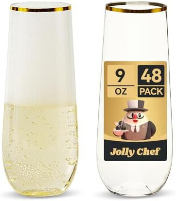 JOLLY CHEF 48 Pack Plastic Champagne Flutes, 9 oz Gold Stemless Champagne Flutes, Plastic Champag... | Amazon (US)