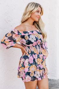 Spice It Up Black Floral Printed Off The Shoulder Romper | Pink Lily