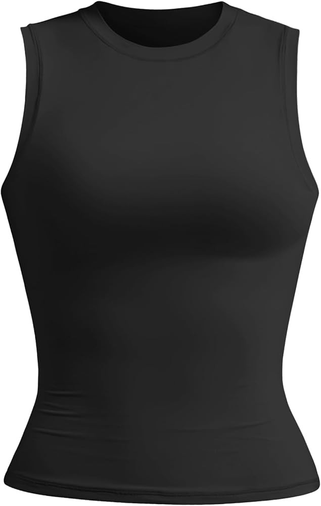 YEOREO Women Basic Mock Neck Workout Crop Top Sleeveless Double Lined Tank Tee Slim Fitted Ruched... | Amazon (US)