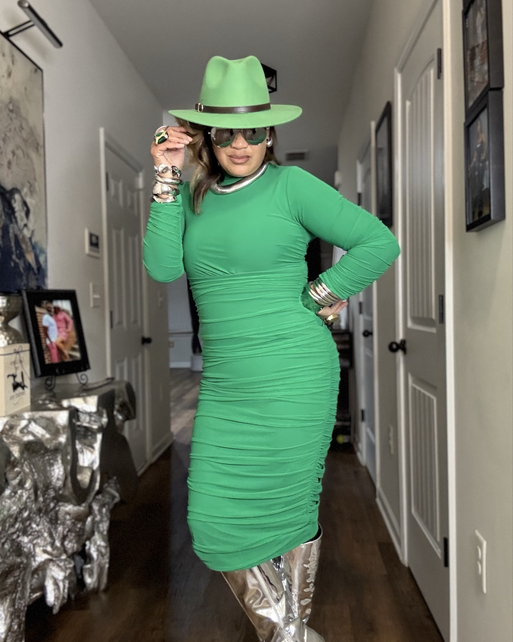 Love a nice quality ruching dress for its very complimentary!  #ruchingdress #amazon #fedora #silverboots #silverjewelry #sunglasses #holiday #thanksgiving #styleinspo #fashionvibes #christmas #chic #classy #trendy #dress #green #hat #boots

#LTKHoliday #LTKCyberWeek #LTKMidsize