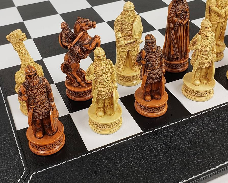 Antique Ivory & Brown Norse Viking Chess Set with 18 inch Black and White Faux Leather Board | Amazon (US)