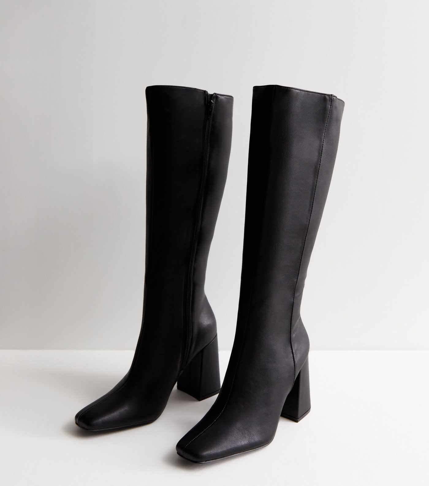 Public Desire Apology Black Faux Leather Block Heel Knee High Boots | New Look | New Look (UK)
