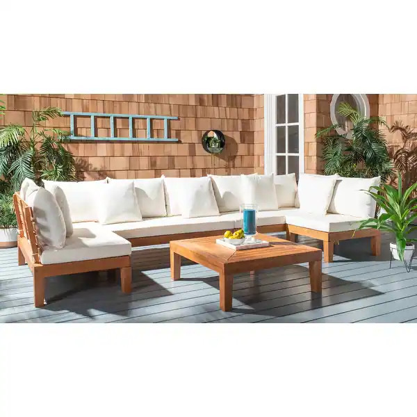 SAFAVIEH Outdoor Granton 5-piece Solid Wood Sectional Conversation Set - Bed Bath & Beyond - 2878... | Bed Bath & Beyond