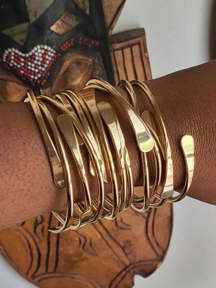 6 Pieces Vintage Gold Color Exaggerated Opening Adjustable Personalized Stacking Open Bangle Fashion Simple Party Vacation Ladies Bracelet Set | SHEIN