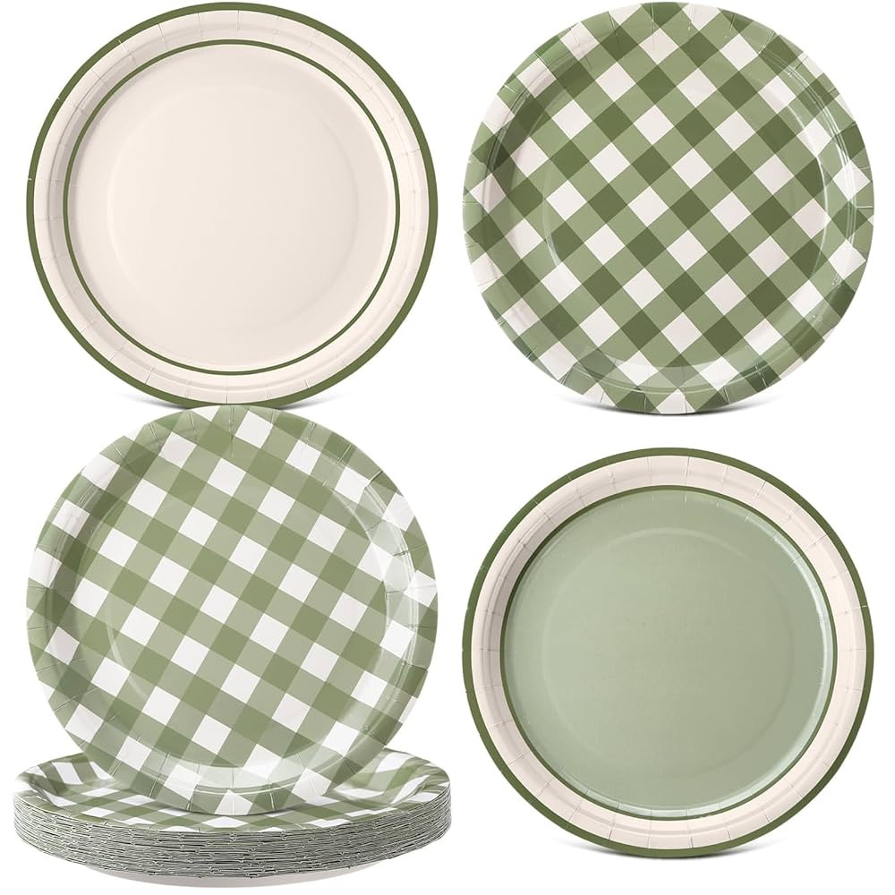 60 Pcs Sage Green Gingham Paper Dessert Plates 9 Inch Disposable Checkered Plaid Dinner Plates fo... | Amazon (US)