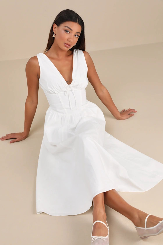 Lettie White Poplin Plunge Neck Midi Dress | Lulus