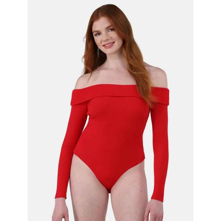 No Boundaries Off-the-Shoulder Bodysuit with Long Sleeves, Women's and Women's Plus - Walmart.com | Walmart (US)