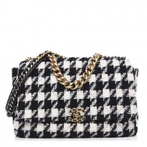 CHANEL Tweed Quilted Maxi Chanel 19 Flap Black Ecru White | Fashionphile