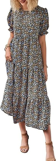PRETTYGARDEN Women's Summer Casual Boho Dress Floral Print Ruffle Puff Short Sleeve Flowy Midi Be... | Walmart (US)