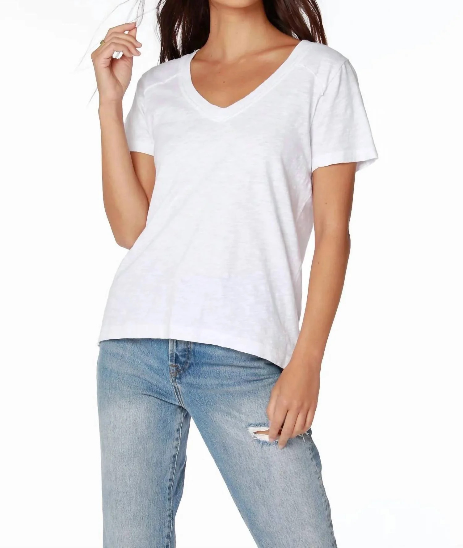 Shoulder Seam V Neck Tee In White | Shop Simon