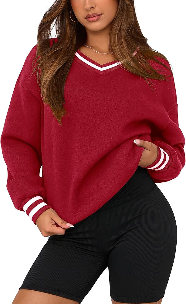 PRETTYGARDEN Women's Oversized Sweatshirts Casual Long Sleeve Stripes Knit V Neck Pullover Top Fa... | Amazon (US)