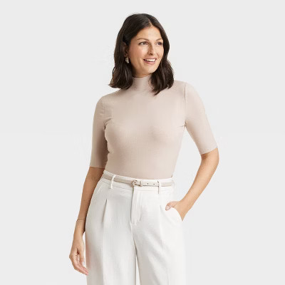 Women's Elbow Sleeve Mock Turtleneck Ribbed T-Shirt - A New Day™ Beige XS | Target