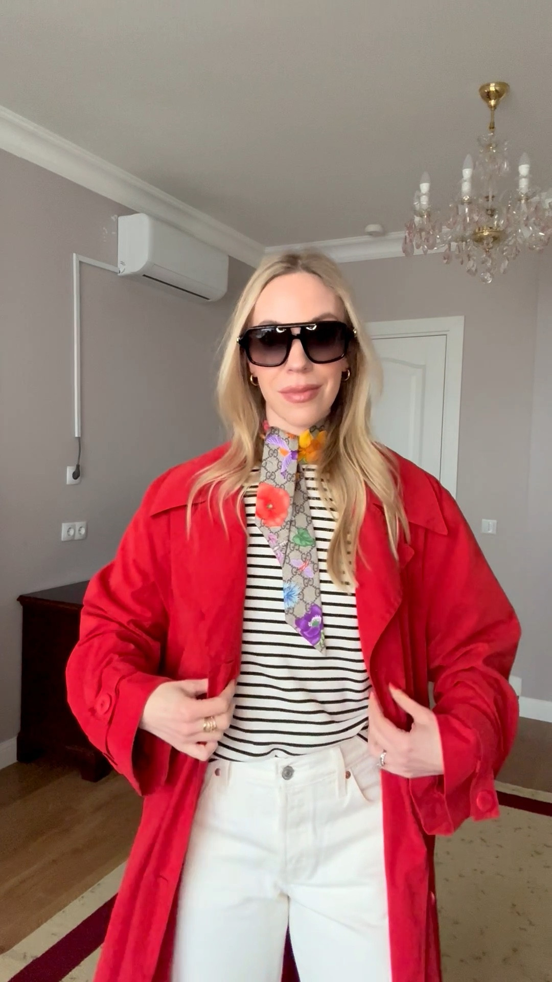 Spring outfit 2026, striped tee, red trench coat, silk scarf outfit, @levi white baggy jeans, leather Mary Jane ballet flats 

#LTKgrwm #LTKOver40 #LTKSeasonal