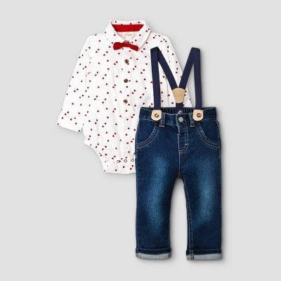 Baby Boys' V-Day Denim Top & Bottom Suspender Set with Bowtie - Cat & Jack™ Cream | Target