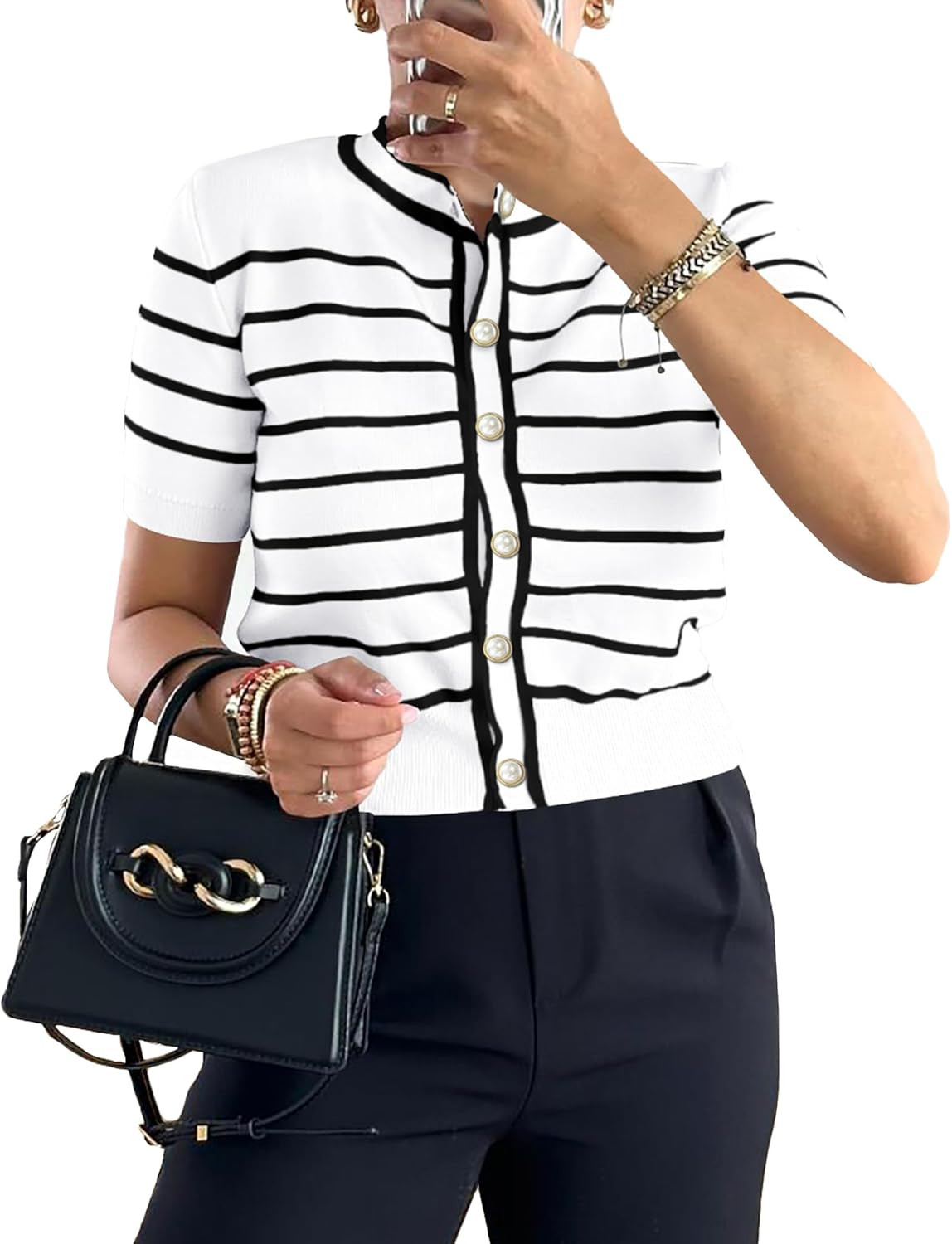 PRETTYGARDEN Womens Summer Short Sleeve Tops Knit Button Down Striped Dressy Casual Fashion Going... | Amazon (US)